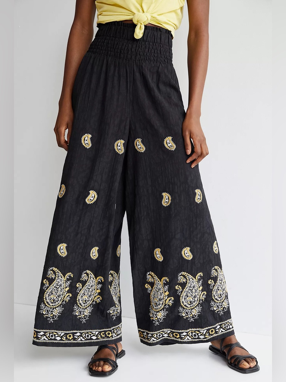 Anthropologie Maeve Smocked Waist Wide Leg Embroidered Pants Boho Size Medium